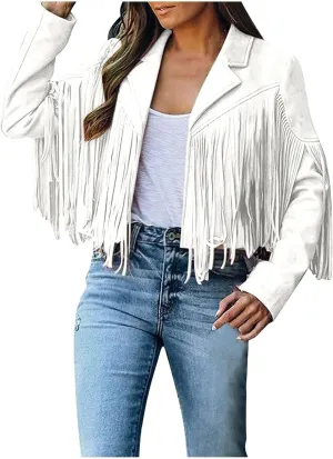 Faux Suede Leather Fringe Jacket for Women 70s Hippie Cardigans Trendy Motorcycle Tassels Long Sleeve Coats