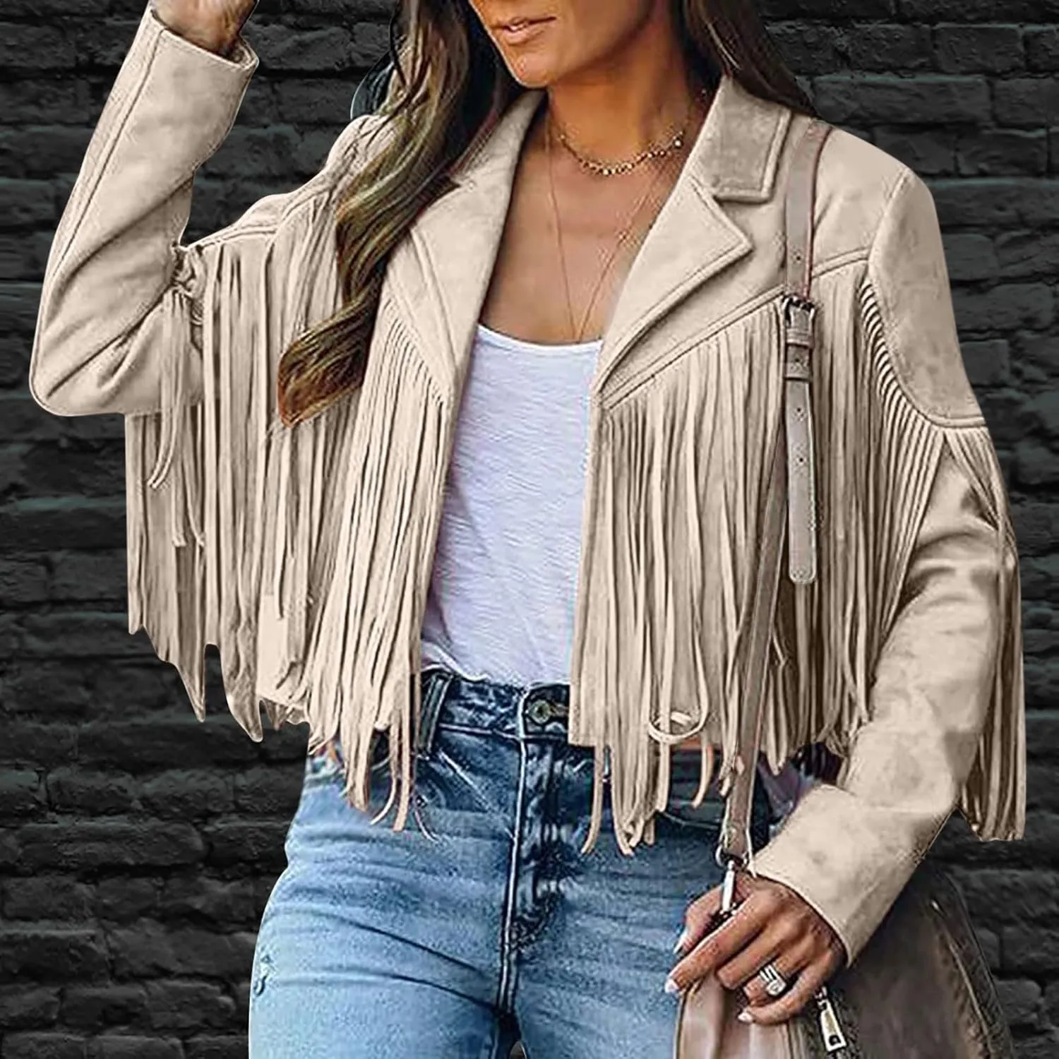 Faux Suede Leather Fringe Jacket for Women 70s Hippie Cardigans Trendy Motorcycle Tassels Long Sleeve Coats