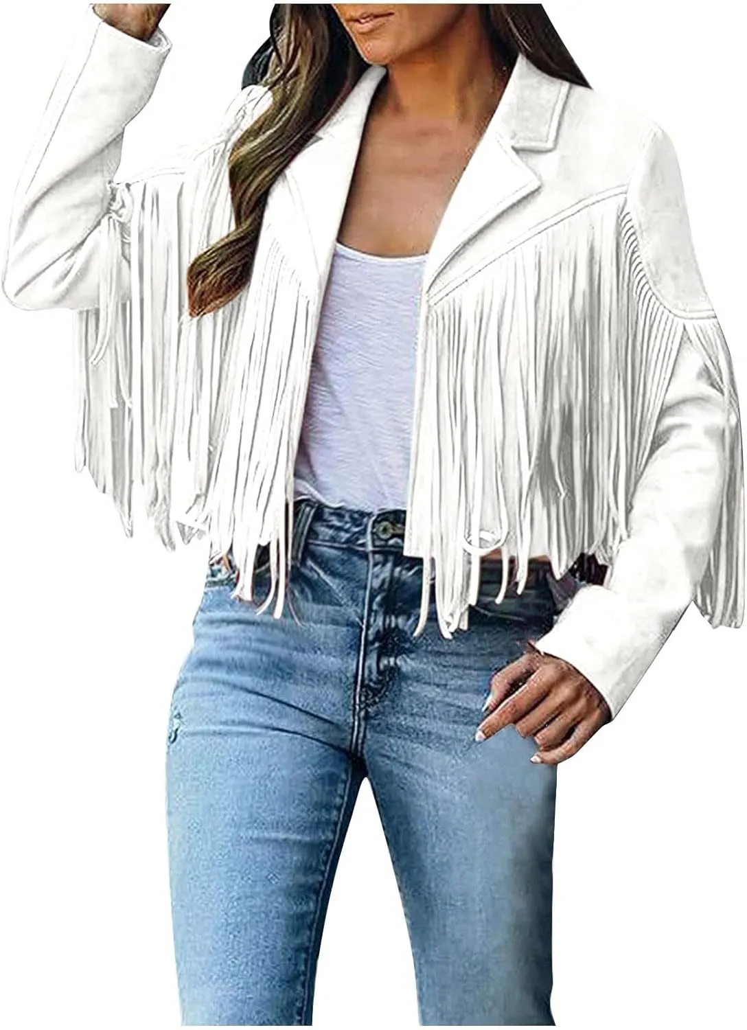 Faux Suede Leather Fringe Jacket for Women 70s Hippie Cardigans Trendy Motorcycle Tassels Long Sleeve Coats