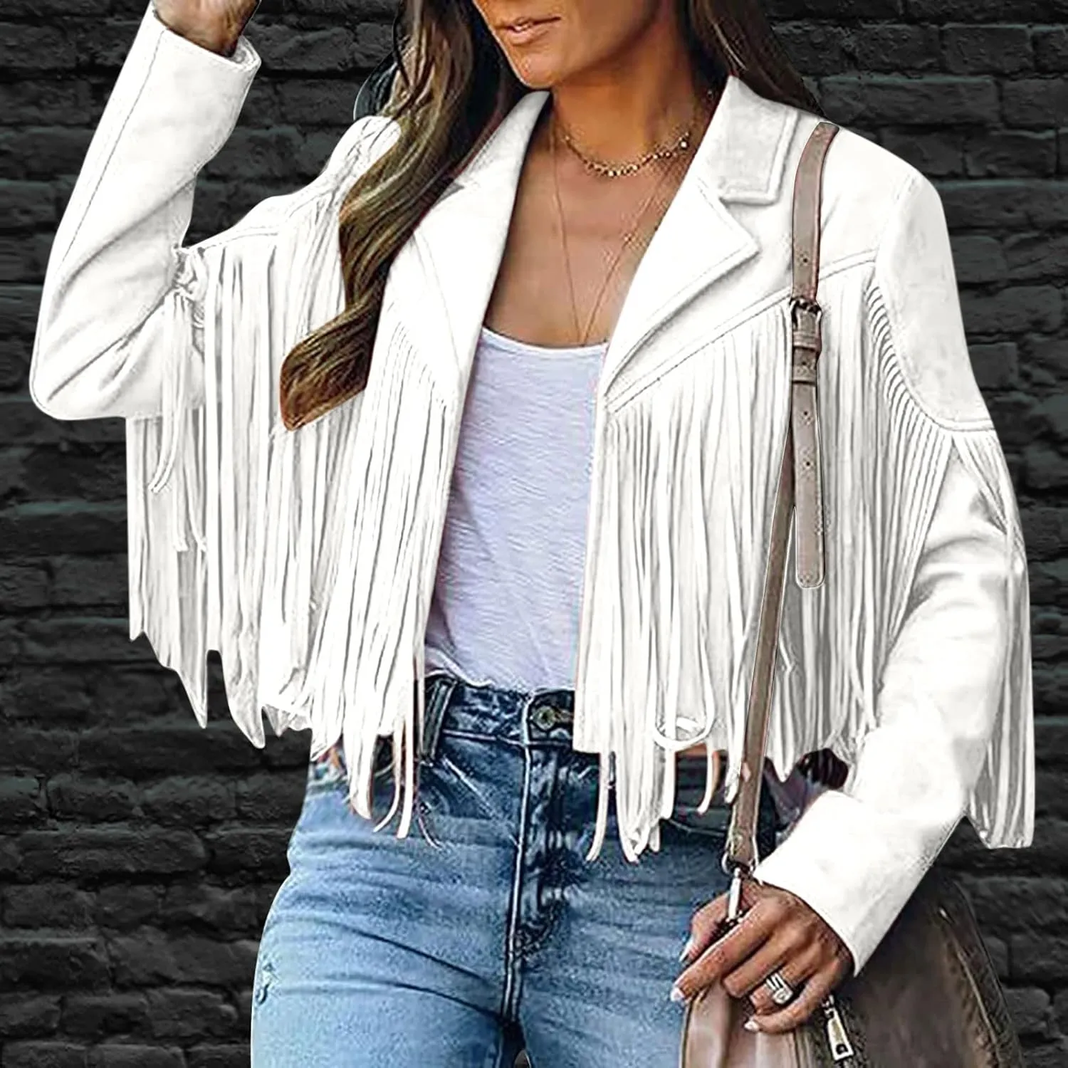 Faux Suede Leather Fringe Jacket for Women 70s Hippie Cardigans Trendy Motorcycle Tassels Long Sleeve Coats