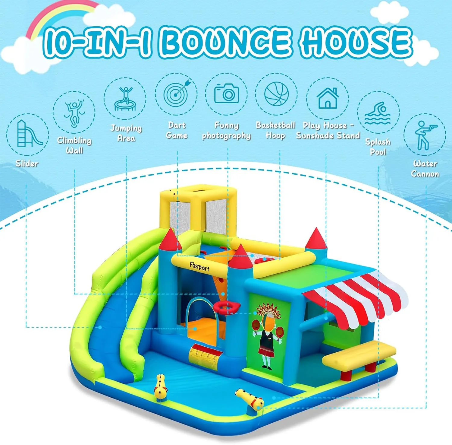 FBSPORT Inflatable Bounce House Water Slide, Water Bounce House for Kids with Toy Market Stand Splash Pool Bouncer Climbing Wall Water Gun Ball Dart, Bouncy Castle W/620W Blower for Outdoor Indoor