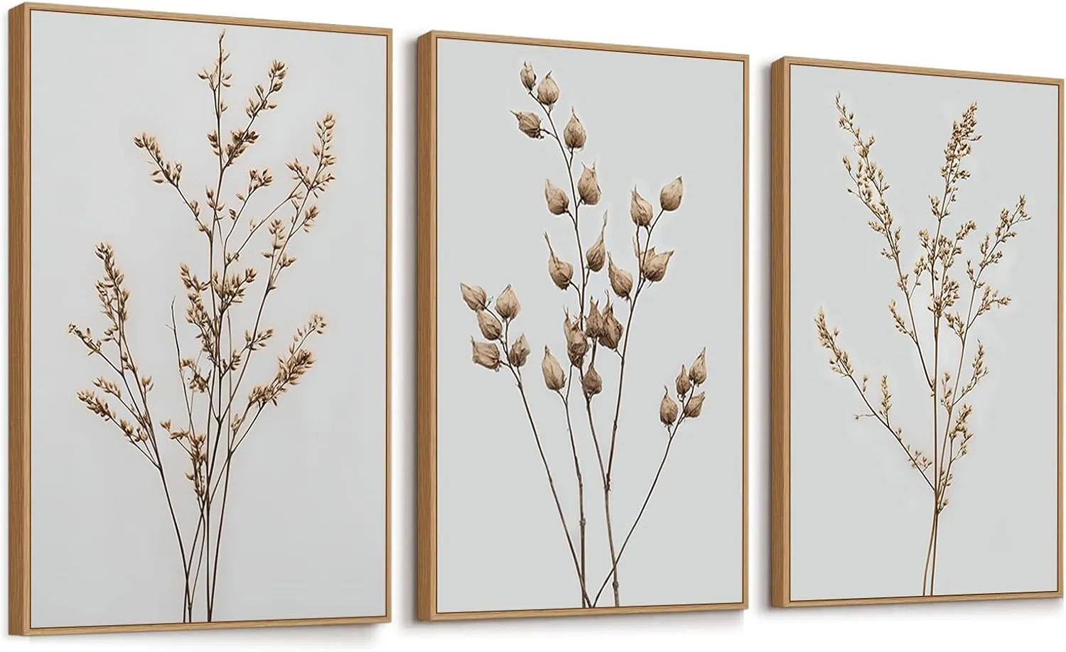 FDYCKVIP Neutral Floral Framed Canvas Wall Art Set of 3, 16"x24" Boho Beige Wildflower Botanical Wall Decor, Large Minimalist Plant Wall Painting Artwork for Living Room Bedroom Farmhouse Office