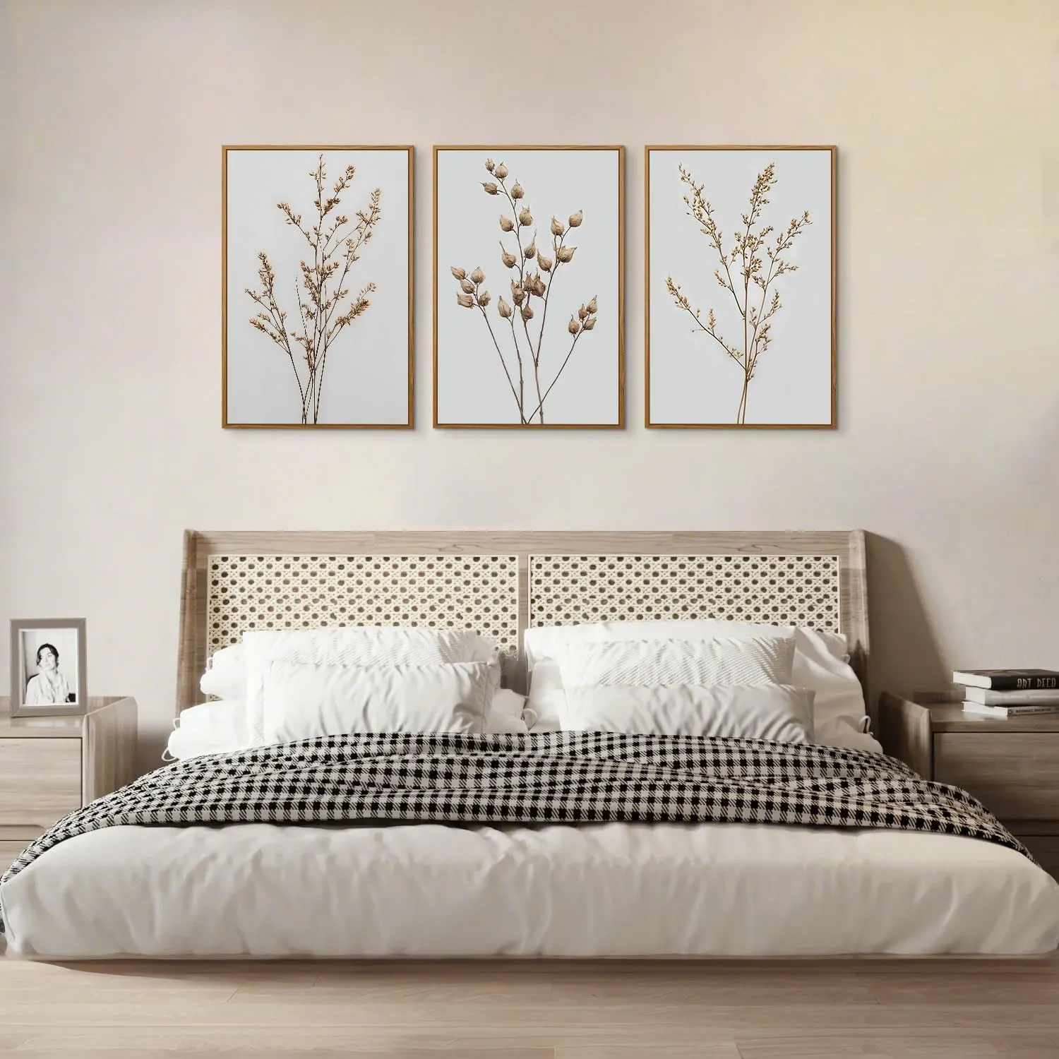FDYCKVIP Neutral Floral Framed Canvas Wall Art Set of 3, 16"x24" Boho Beige Wildflower Botanical Wall Decor, Large Minimalist Plant Wall Painting Artwork for Living Room Bedroom Farmhouse Office
