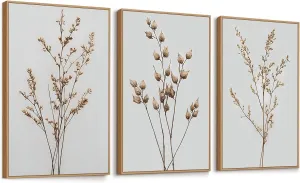 FDYCKVIP Neutral Floral Framed Canvas Wall Art Set of 3, 16"x24" Boho Beige Wildflower Botanical Wall Decor, Large Minimalist Plant Wall Painting Artwork for Living Room Bedroom Farmhouse Office