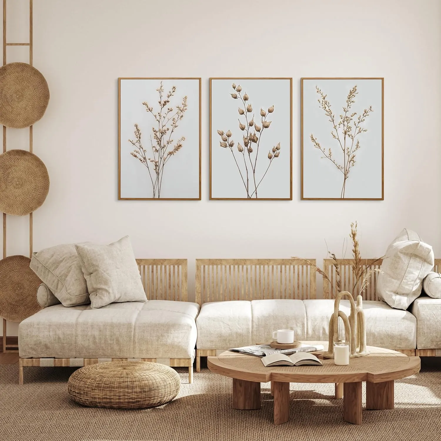 FDYCKVIP Neutral Floral Framed Canvas Wall Art Set of 3, 16"x24" Boho Beige Wildflower Botanical Wall Decor, Large Minimalist Plant Wall Painting Artwork for Living Room Bedroom Farmhouse Office