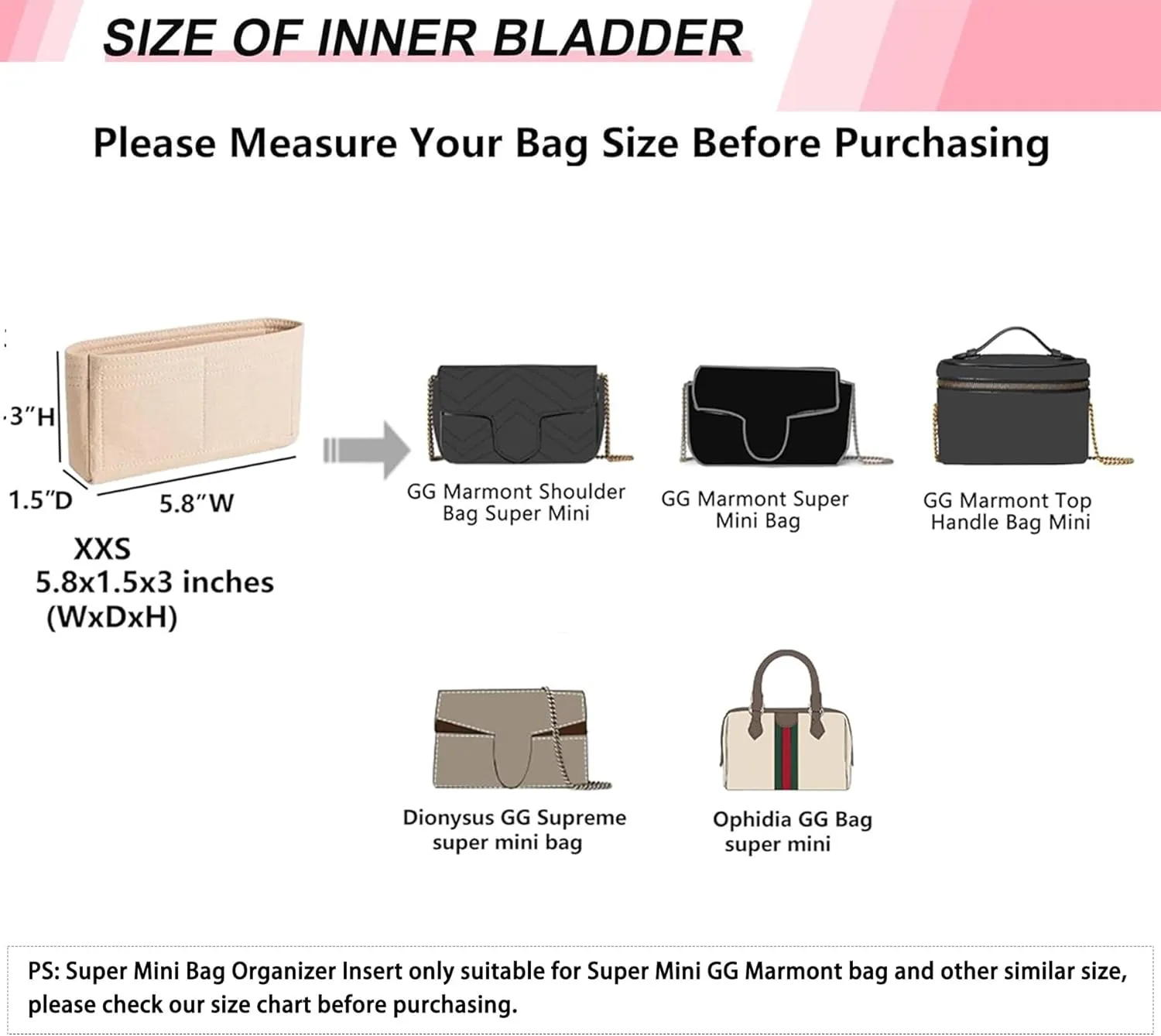 Felt Extra Mini Purse Organizer Insert Compatible with Super Mini GG Marmont Matelasse Shoulder Bag and More Bags, Handbags Organizer for Women Bag(Beige,Super mini)