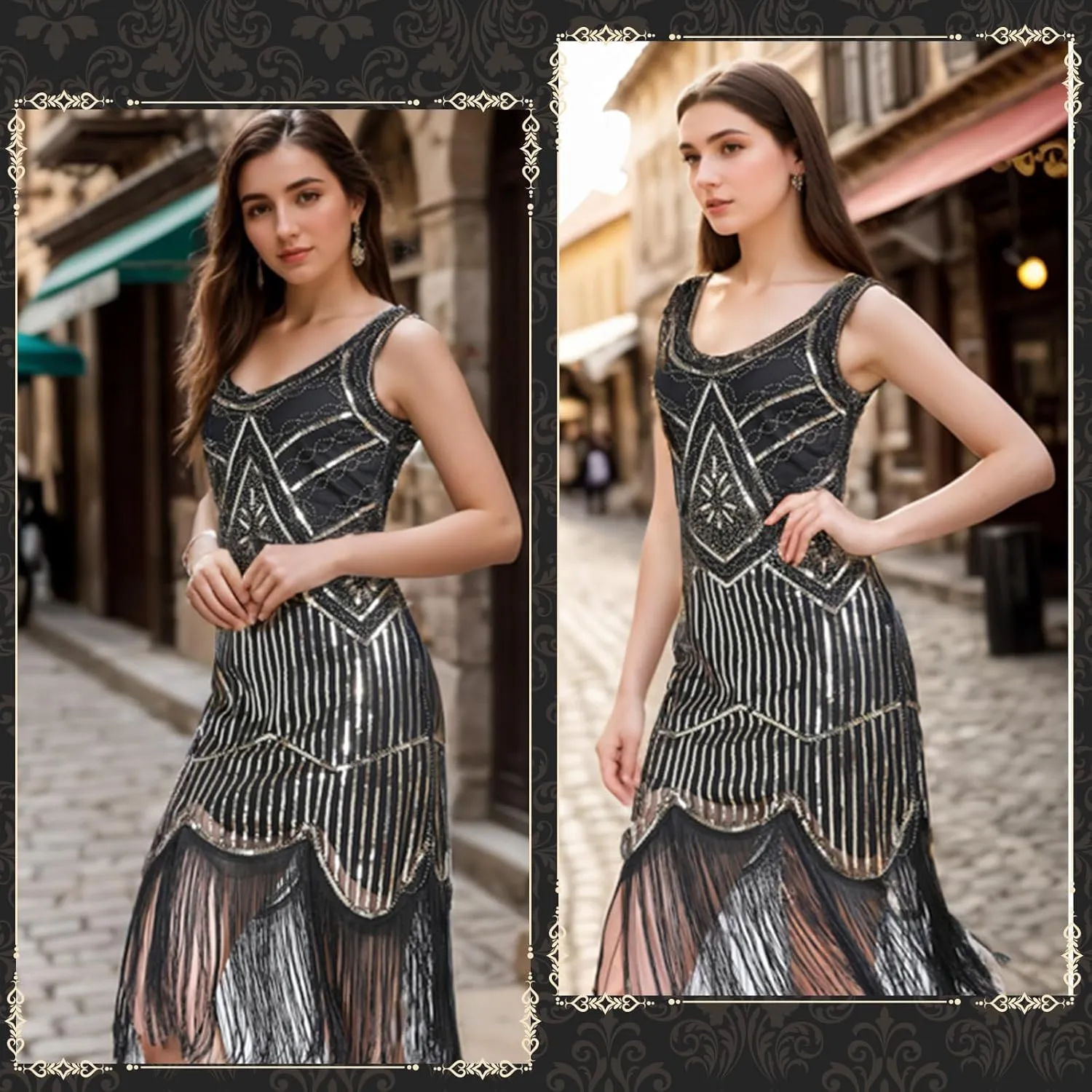 FEPITO 1920s Flapper Dresses for Women, Fringed Sequin Great Gatsby Dress for Women with 20s Accessories, Roaring 20s Costume