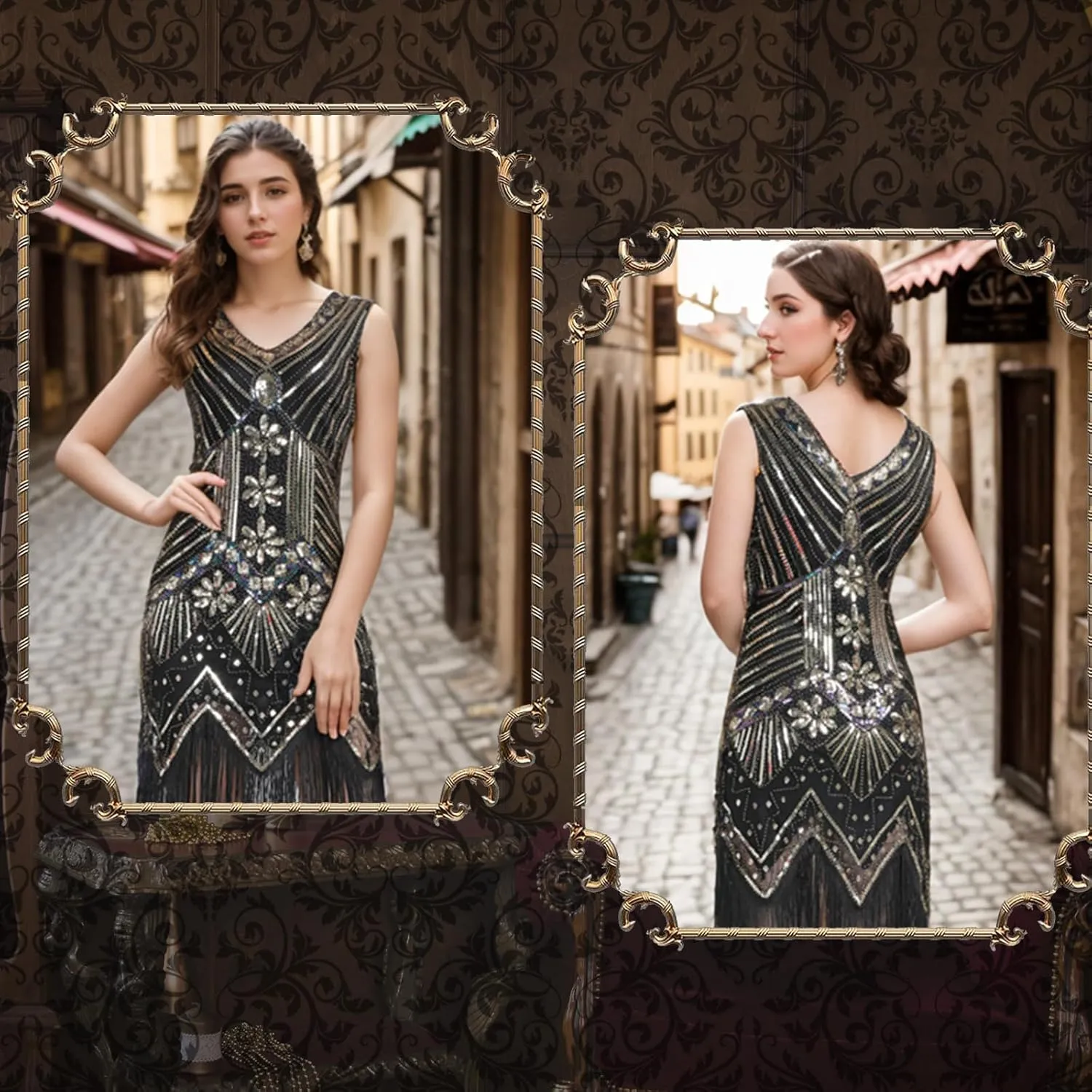 FEPITO 1920s Flapper Dresses for Women, Fringed Sequin Great Gatsby Dress for Women with 20s Accessories, Roaring 20s Costume