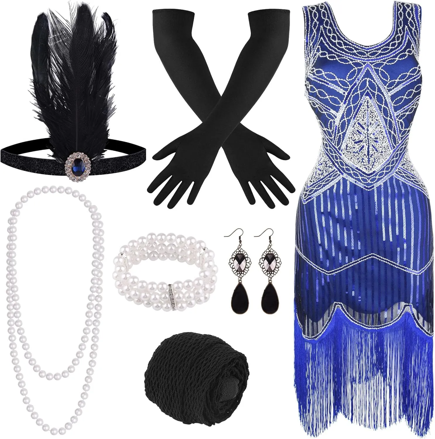 FEPITO 1920s Flapper Dresses for Women, Fringed Sequin Great Gatsby Dress for Women with 20s Accessories, Roaring 20s Costume