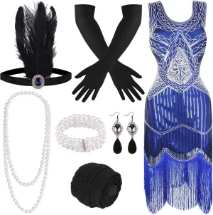FEPITO 1920s Flapper Dresses for Women, Fringed Sequin Great Gatsby Dress for Women with 20s Accessories, Roaring 20s Costume