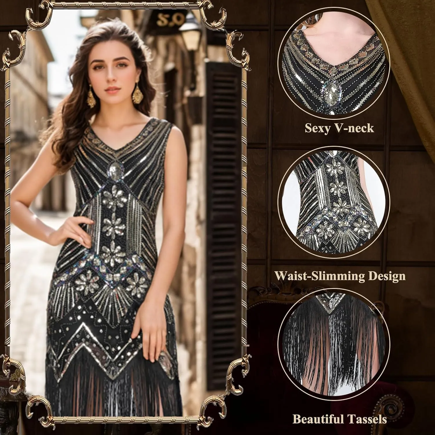 FEPITO 1920s Flapper Dresses for Women, Fringed Sequin Great Gatsby Dress for Women with 20s Accessories, Roaring 20s Costume