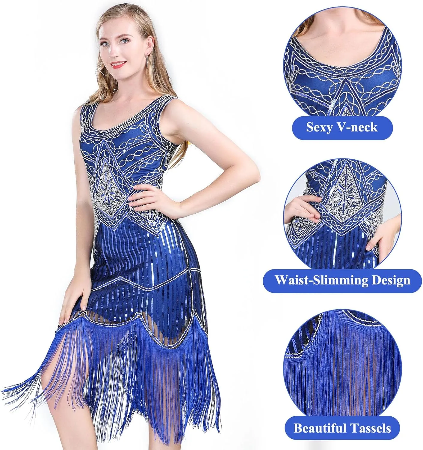 FEPITO 1920s Flapper Dresses for Women, Fringed Sequin Great Gatsby Dress for Women with 20s Accessories, Roaring 20s Costume