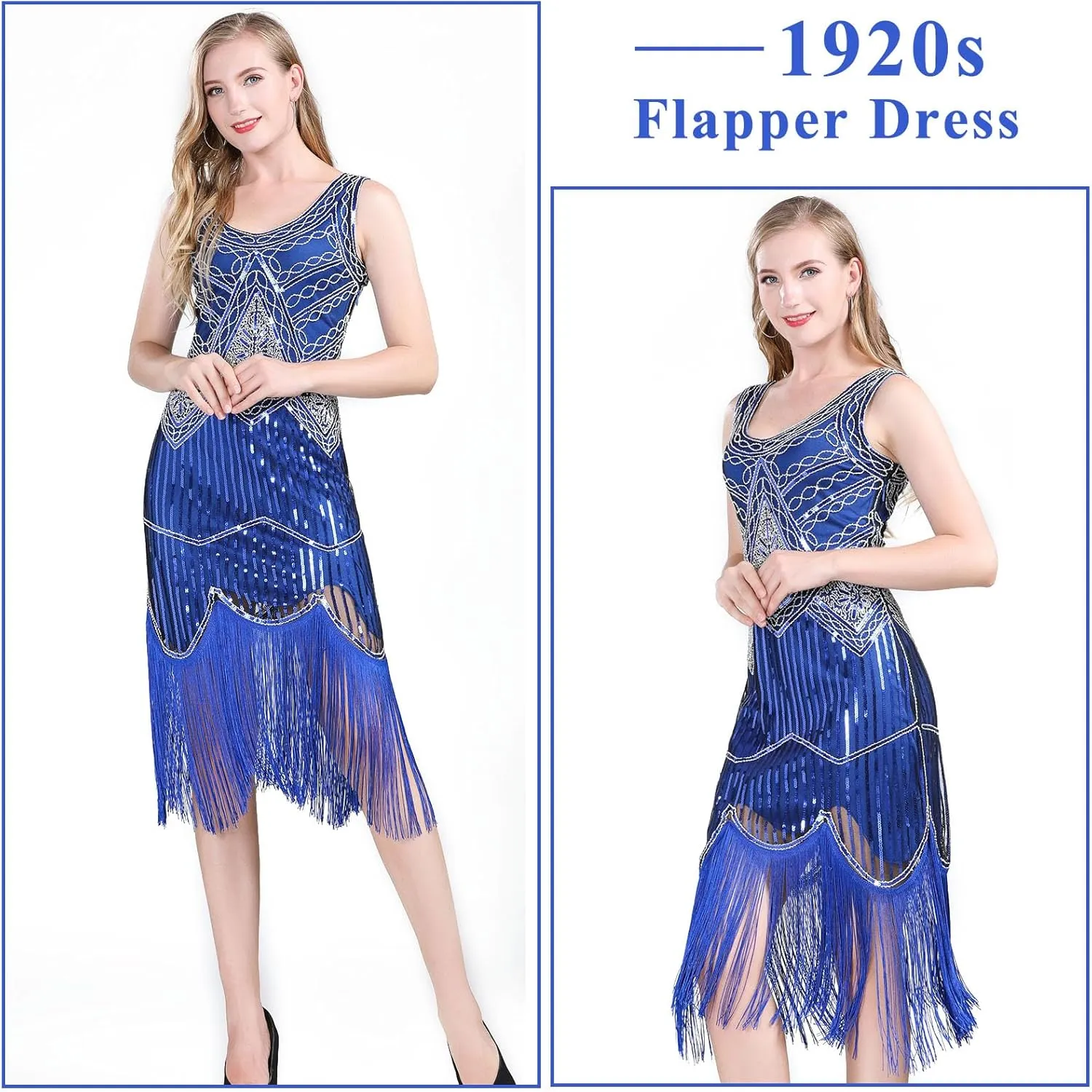 FEPITO 1920s Flapper Dresses for Women, Fringed Sequin Great Gatsby Dress for Women with 20s Accessories, Roaring 20s Costume