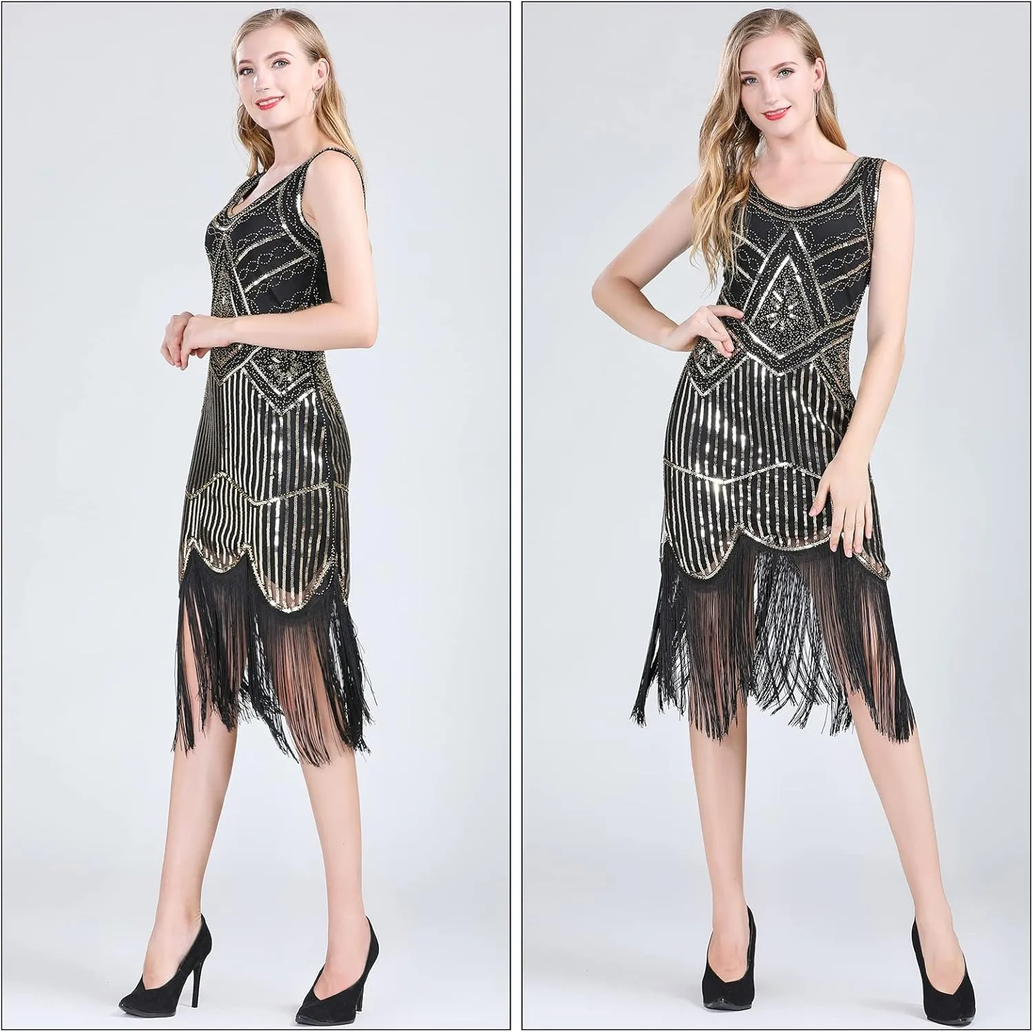 FEPITO 1920s Flapper Dresses for Women, Fringed Sequin Great Gatsby Dress for Women with 20s Accessories, Roaring 20s Costume