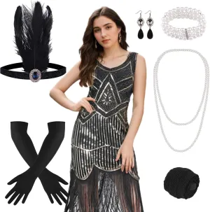 FEPITO 1920s Flapper Dresses for Women, Fringed Sequin Great Gatsby Dress for Women with 20s Accessories, Roaring 20s Costume