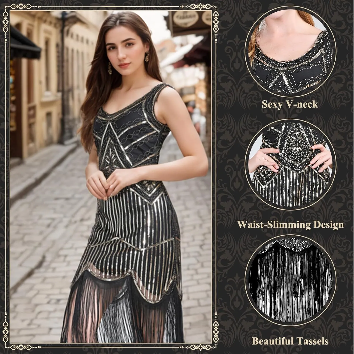 FEPITO 1920s Flapper Dresses for Women, Fringed Sequin Great Gatsby Dress for Women with 20s Accessories, Roaring 20s Costume