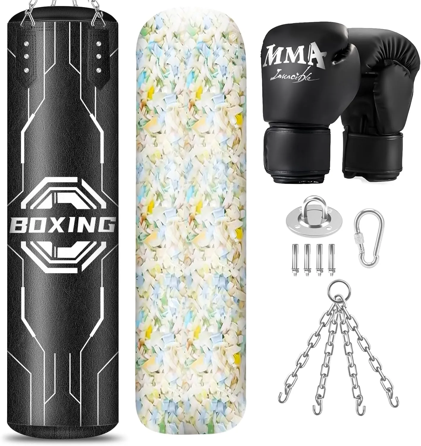 Filled Punching Bag for Adults, 4FT PU Leather Hanging Boxing Bag with 11lb Sponge Filler & 12OZ Boxing Gloves, Heavy Kicking Bag Boxing Equipment for MMA Training Karate Kickboxing