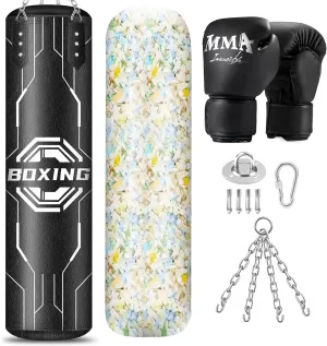 Filled Punching Bag for Adults, 4FT PU Leather Hanging Boxing Bag with 11lb Sponge Filler & 12OZ Boxing Gloves, Heavy Kicking Bag Boxing Equipment for MMA Training Karate Kickboxing