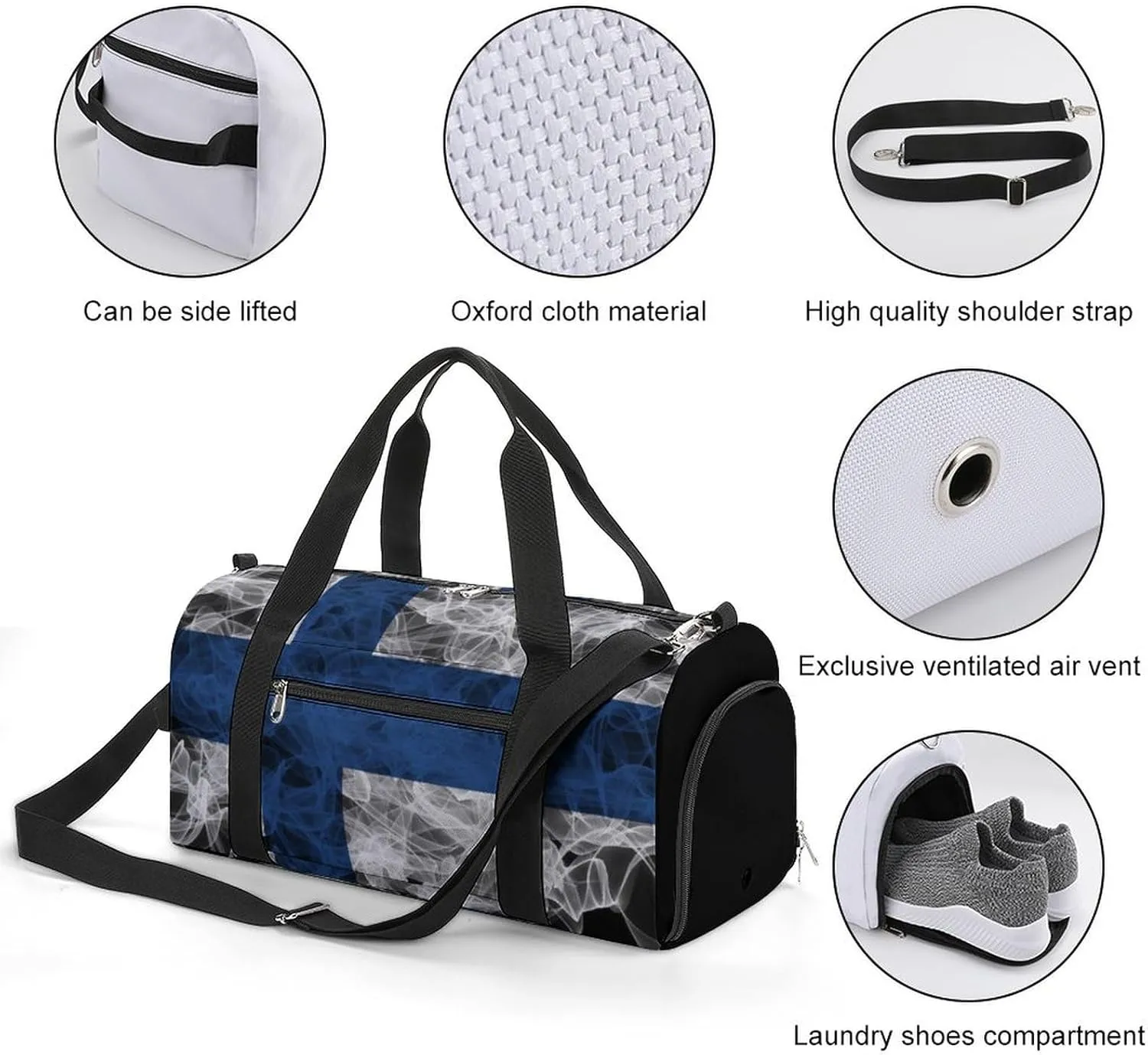 Finland Flag Smoke Style Travel Duffel Bag with Shoe Compartment for Gym Yoga Beach Weekender