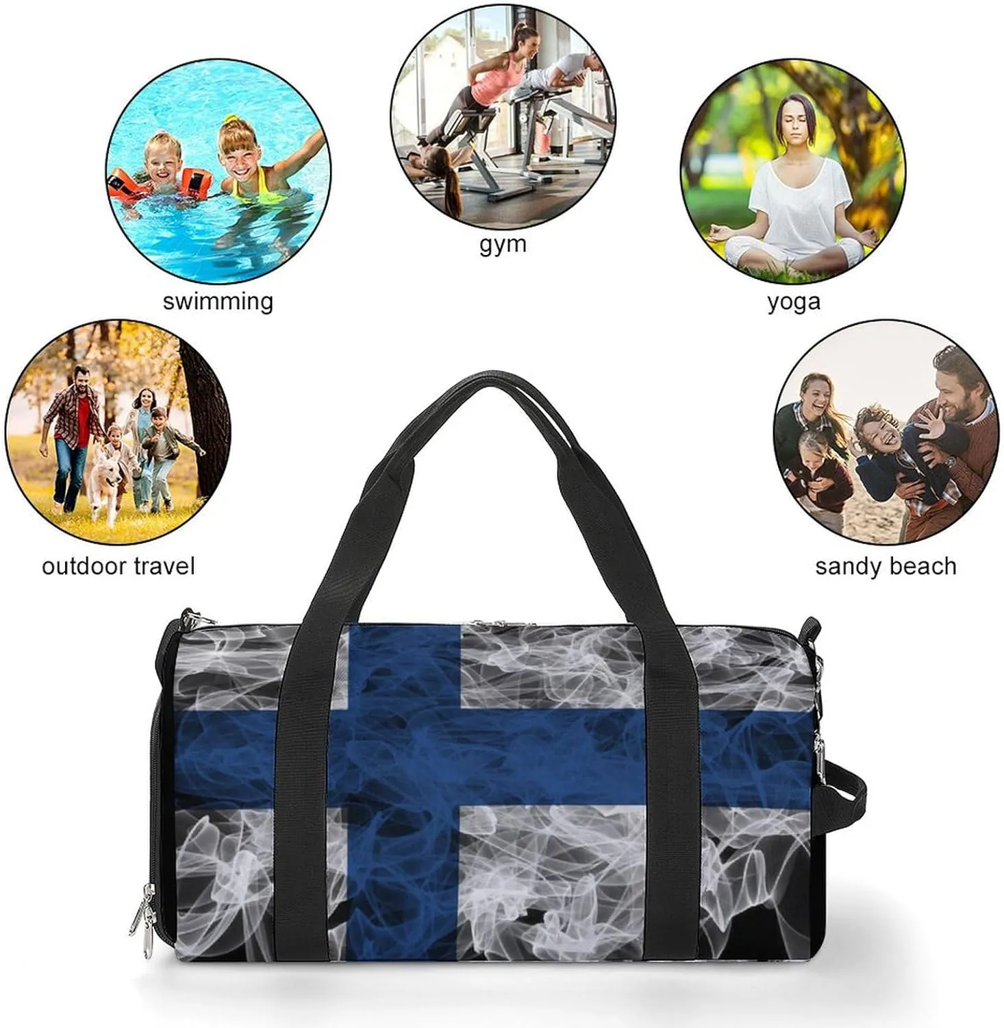 Finland Flag Smoke Style Travel Duffel Bag with Shoe Compartment for Gym Yoga Beach Weekender