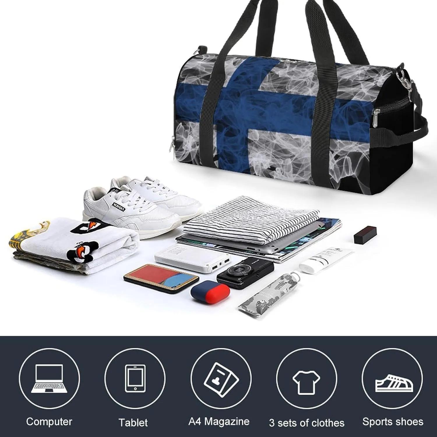 Finland Flag Smoke Style Travel Duffel Bag with Shoe Compartment for Gym Yoga Beach Weekender