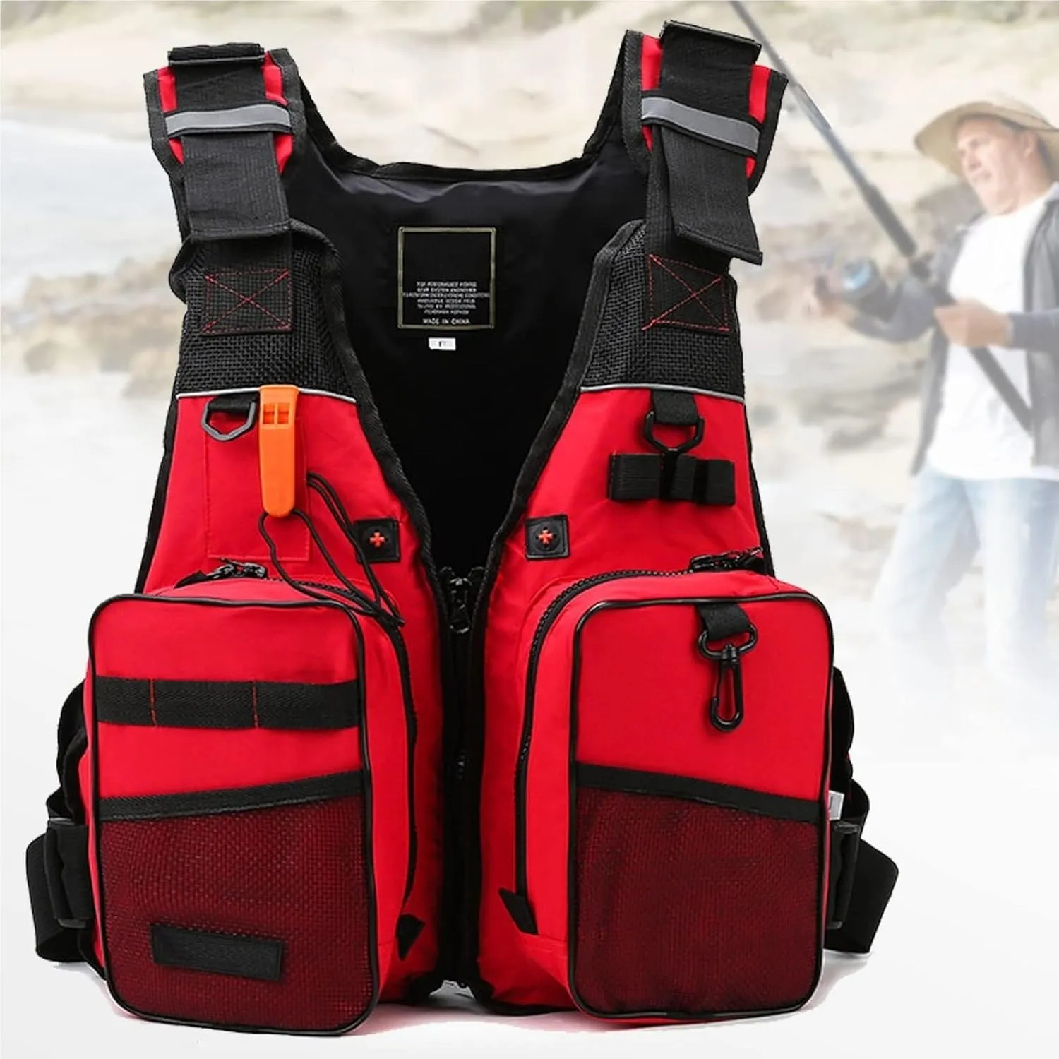 Fishing Swim Vest with Adjustable Waistband, Zip, Whistle, Reflective Stripe, Multi-Pockets Jacket for Sailing, Kayaking