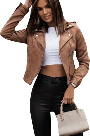 FLITAY Womens Oversized Lapel Jackets Faux Suede Fashion Jackets Motorcycle Winter Solid Color Coats