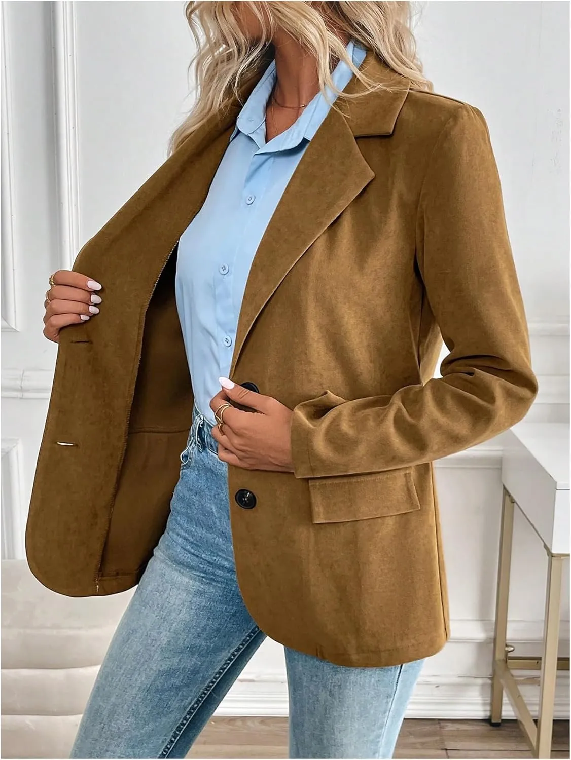 Floerns Women's Faux Suede Lapel Neck Blazers Button Down Long Sleeve Blazer Jacket