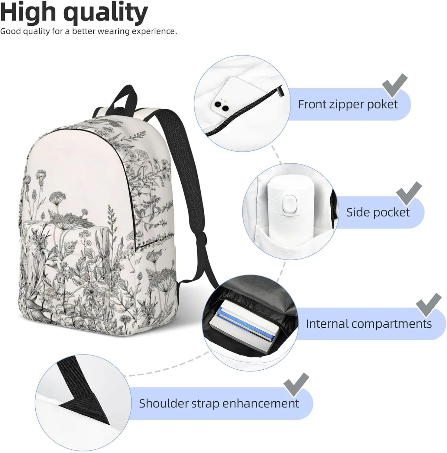 Floral Herbs Botanical Engraving Canvas Casual Lightweight Duffel Bag, Fashion Duffel Bag, Unisex Travel Backpack