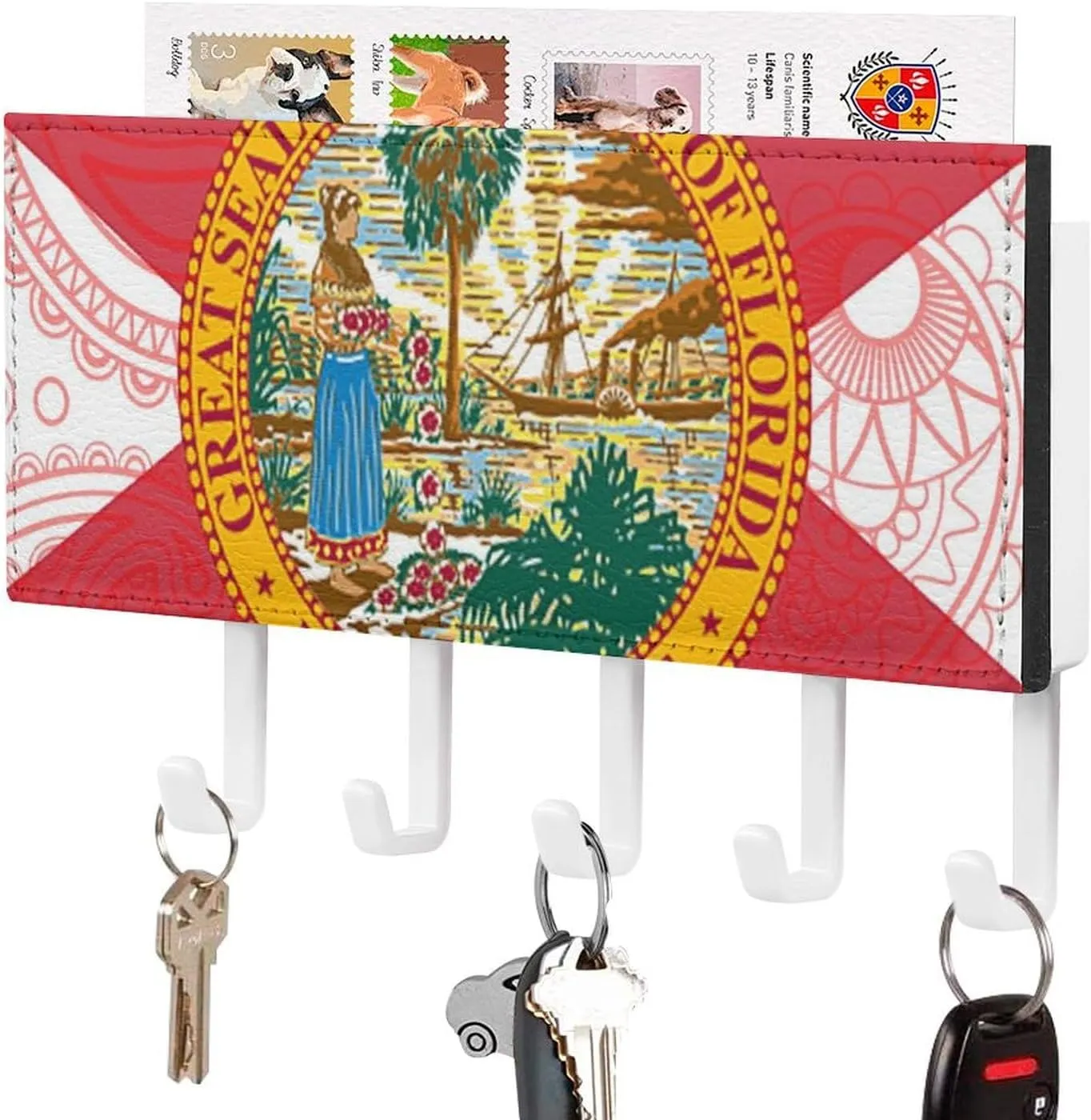 Florida State Flag Paisley Pattern Novelty Key Holder Printed Keys Hook Mail Organizer Hanging Rack Decor with 5 Hooks for Wall