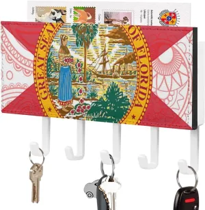 Florida State Flag Paisley Pattern Novelty Key Holder Printed Keys Hook Mail Organizer Hanging Rack Decor with 5 Hooks for Wall