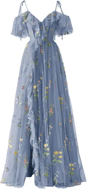 Flower Embroidery Tulle Prom Dresses for Women Spaghetti Straps Ruffle Long Formal Evening Party Gown