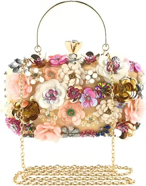 Flower Evening Bag Colorful Floral Clutch Purse 3D Flower Chain Handbag for Women Wedding Bridal Prom Party