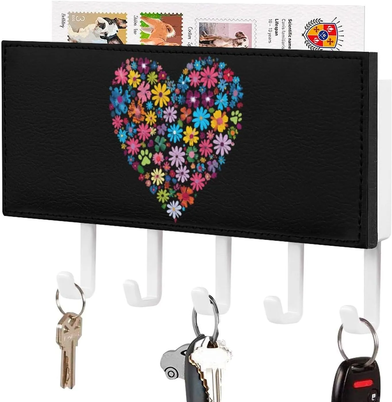 Flower Heart Novelty Key Holder Printed Keys Hook Mail Organizer Hanging Rack Decor with 5 Hooks for Wall