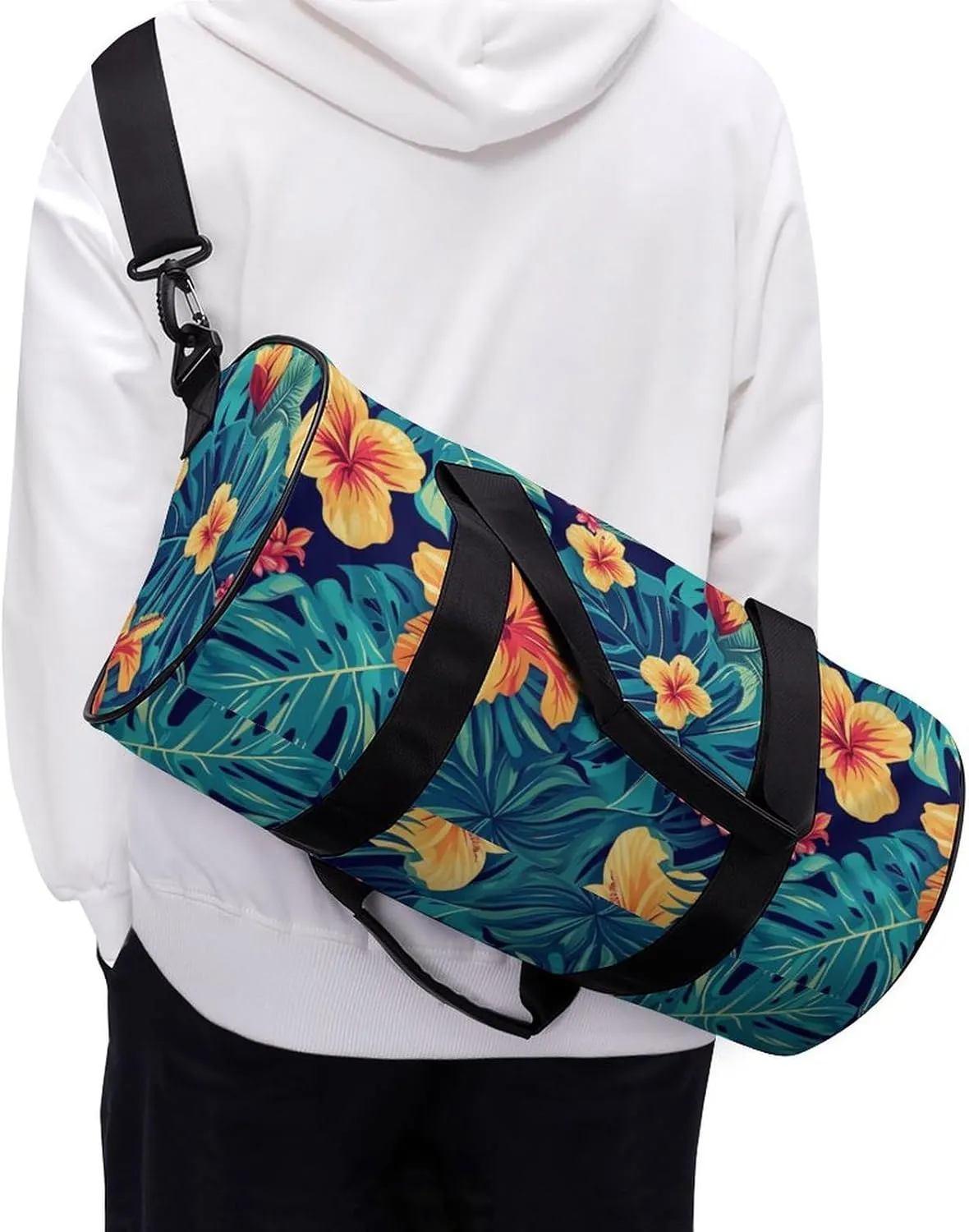 Flower Travel Gym Bag for Women Men Minimalism Simple Cylindrical Duffle Bag Sport Workout Bag with Shoulder Strap