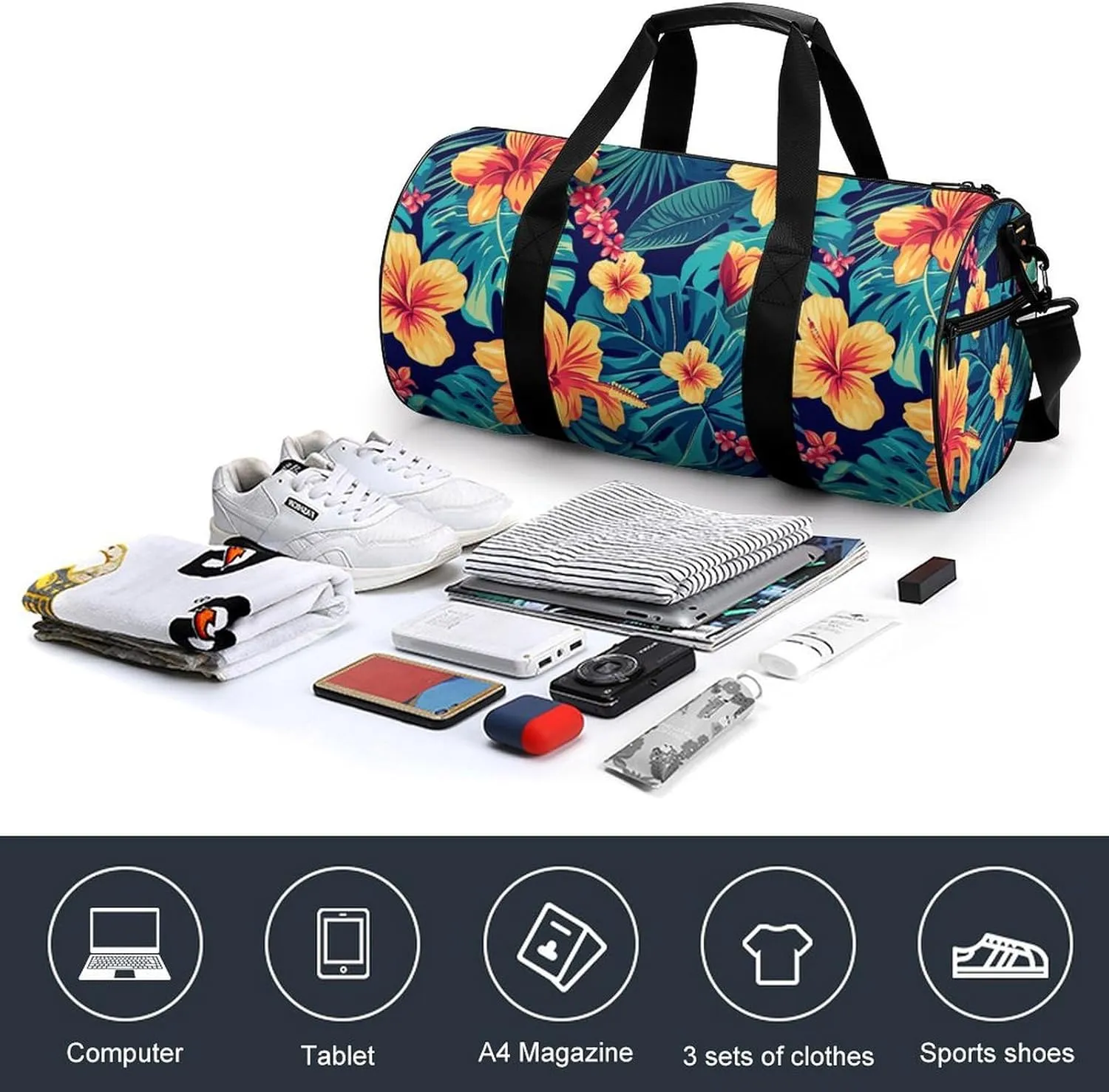 Flower Travel Gym Bag for Women Men Minimalism Simple Cylindrical Duffle Bag Sport Workout Bag with Shoulder Strap