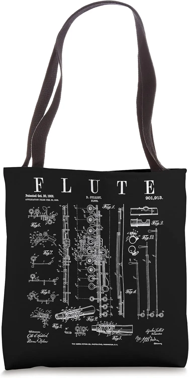 Flute Vintage Patent Flutist Flautist Drawing Print Tote Bag