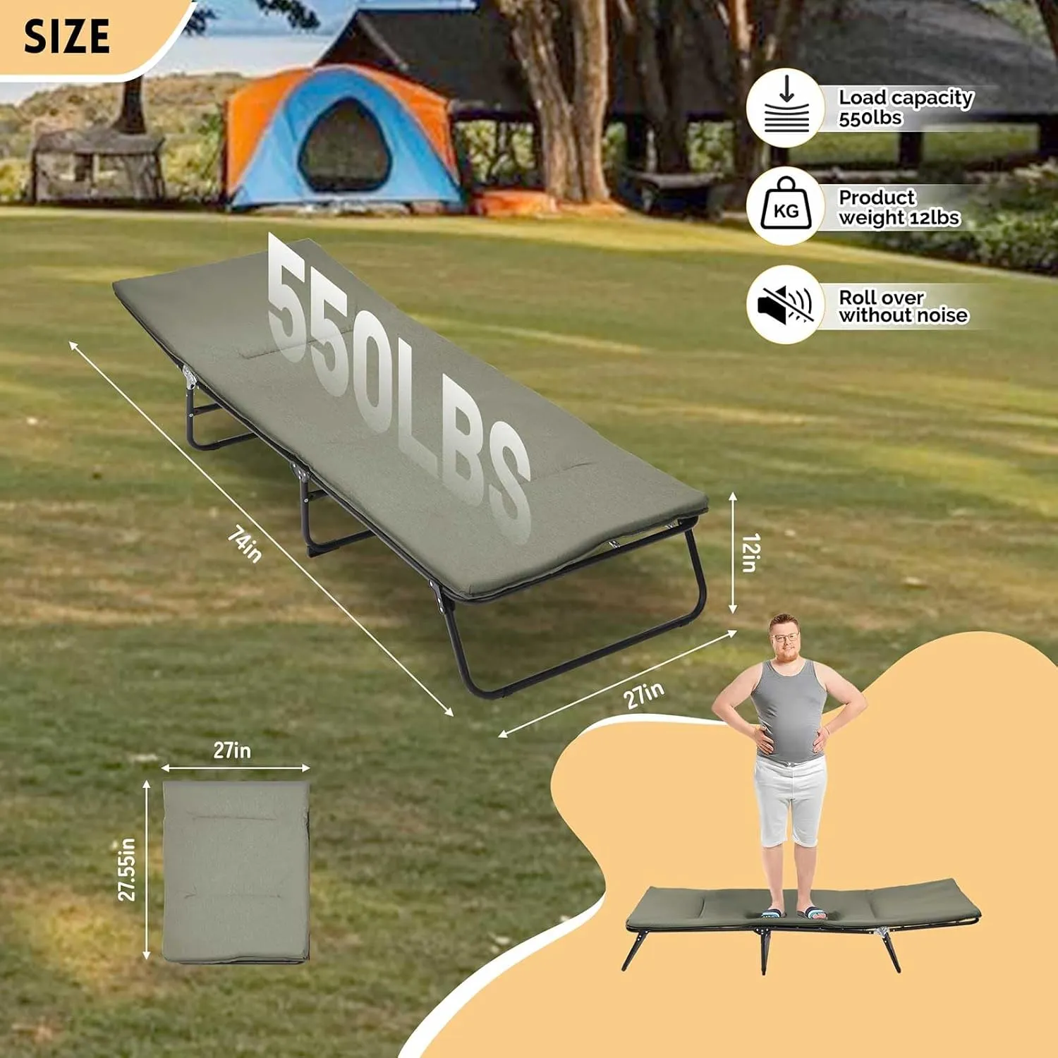 Folding Camping Cot with Mattress for Adults - 5 Position Adjustable Sleeping Cot Heavy Duty 550 lb Capacity & 1200 D Layer Oxford for Outdoor, Tent, RV, Home Guest (Green)