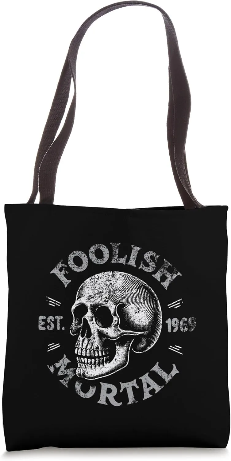 Foolish Mortal Skull Distressed Tote Bag