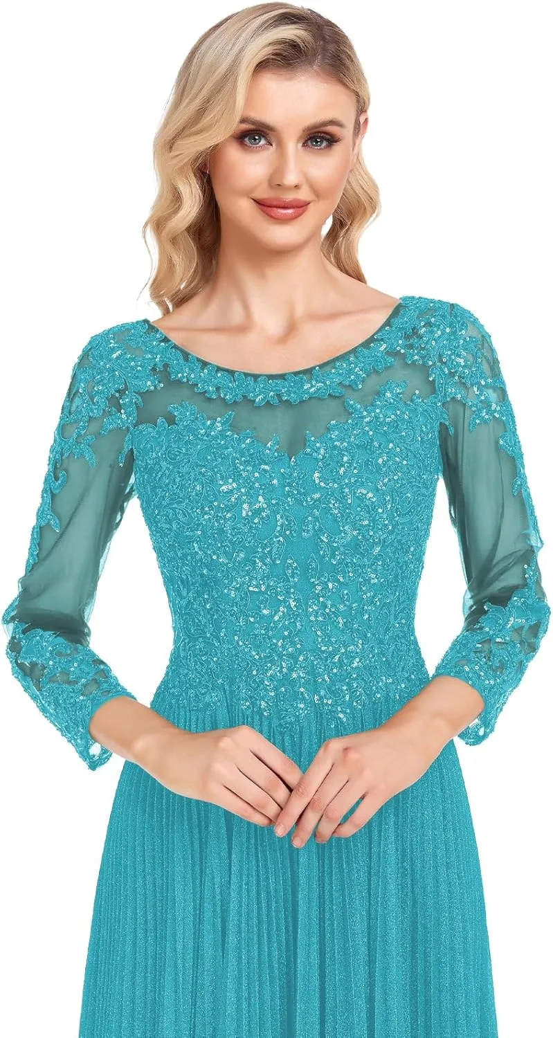 ForElise Mother of The Bride Dresses for Wedding 3/4 Sleeve Lace Appliques Long Formal Evening Dress