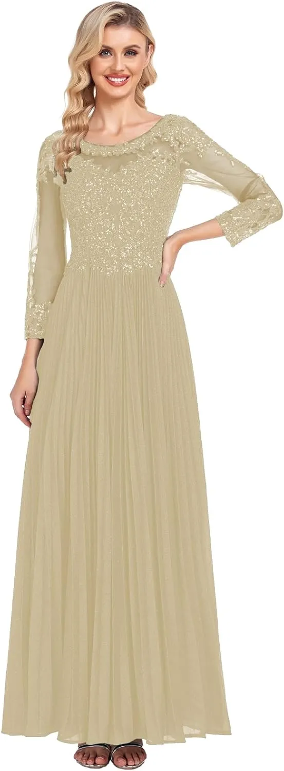 ForElise Mother of The Bride Dresses for Wedding 3/4 Sleeve Lace Appliques Long Formal Evening Dress