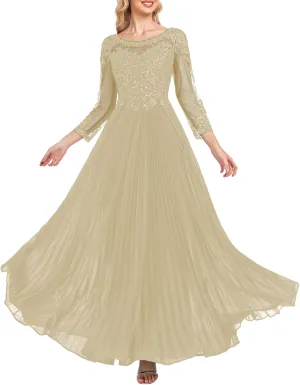 ForElise Mother of The Bride Dresses for Wedding 3/4 Sleeve Lace Appliques Long Formal Evening Dress
