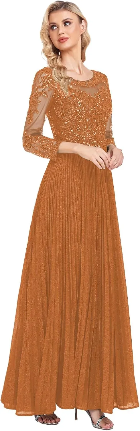 ForElise Mother of The Bride Dresses for Wedding 3/4 Sleeve Lace Appliques Long Formal Evening Dress