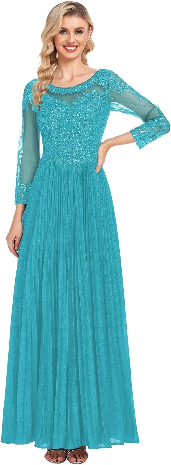 ForElise Mother of The Bride Dresses for Wedding 3/4 Sleeve Lace Appliques Long Formal Evening Dress