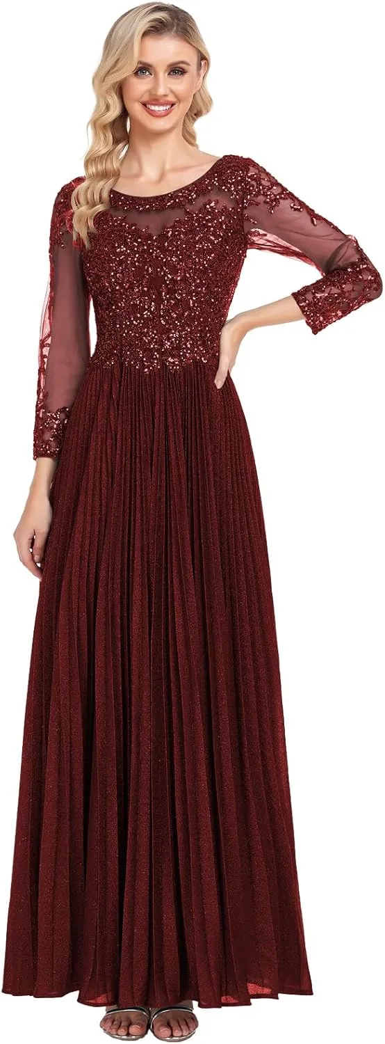 ForElise Mother of The Bride Dresses for Wedding 3/4 Sleeve Lace Appliques Long Formal Evening Dress