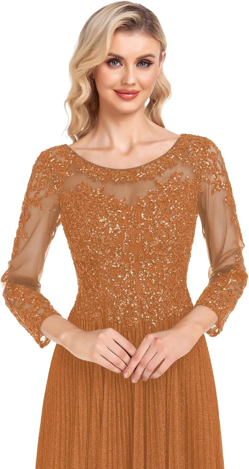 ForElise Mother of The Bride Dresses for Wedding 3/4 Sleeve Lace Appliques Long Formal Evening Dress