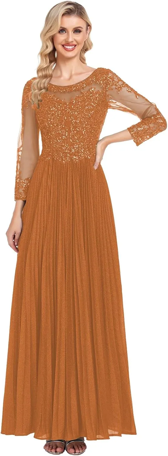 ForElise Mother of The Bride Dresses for Wedding 3/4 Sleeve Lace Appliques Long Formal Evening Dress