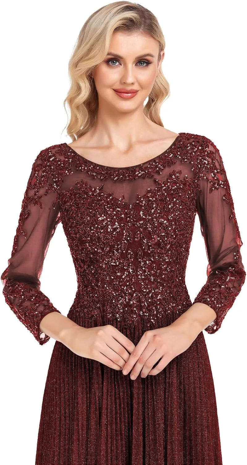 ForElise Mother of The Bride Dresses for Wedding 3/4 Sleeve Lace Appliques Long Formal Evening Dress