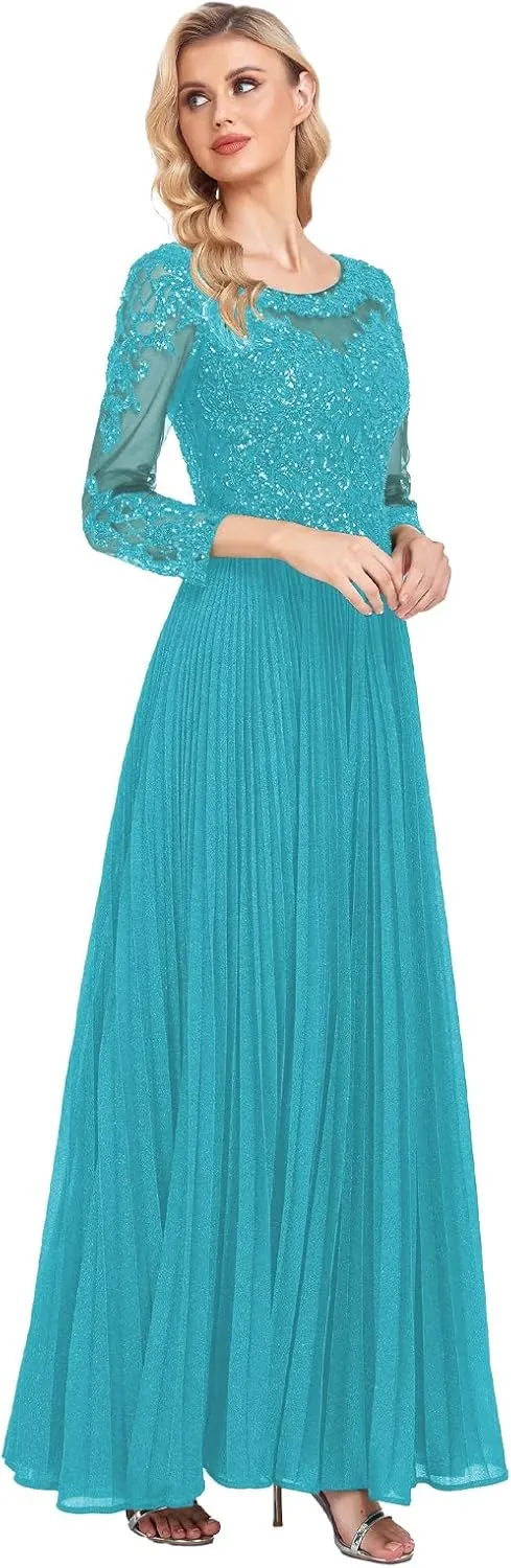 ForElise Mother of The Bride Dresses for Wedding 3/4 Sleeve Lace Appliques Long Formal Evening Dress