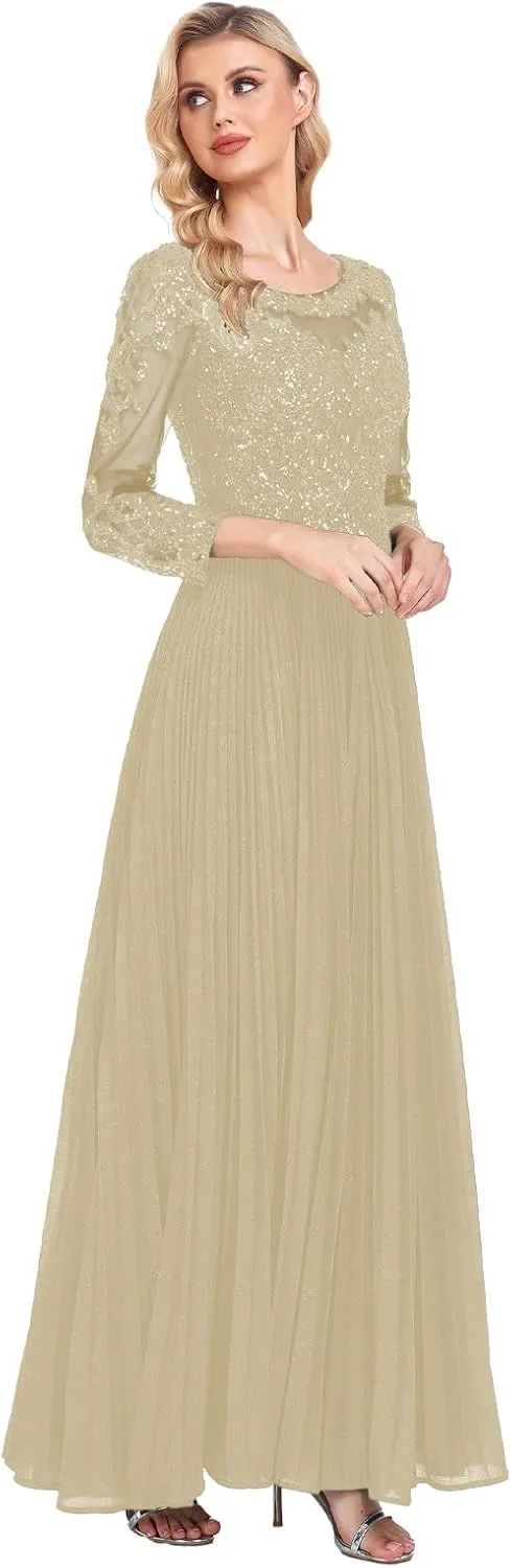 ForElise Mother of The Bride Dresses for Wedding 3/4 Sleeve Lace Appliques Long Formal Evening Dress